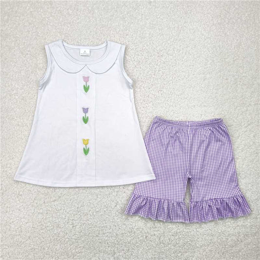 RTS GSSO2276 Embroidery Baby Girls White Tulips Tunic Tops And Shorts Set Cute Floral Outfit for Little Girls