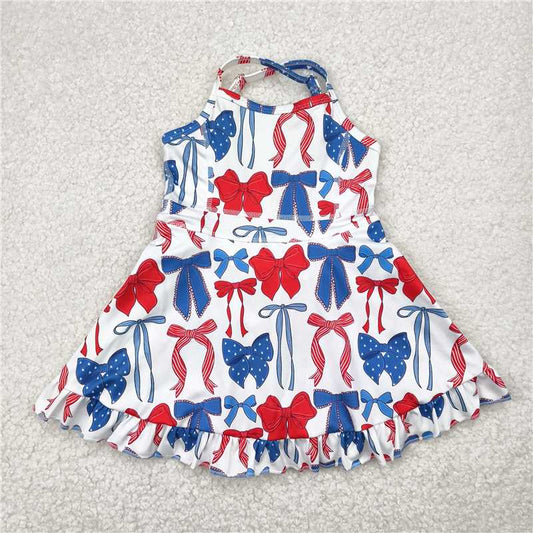 RTS GSD2345 Baby Girls Knee-Length Yoga Dress with Straps Blue/Red Bows Patriotic 4th of July Active Wear