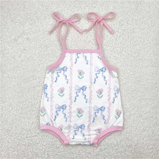RTS SR2858 Baby Infant Girls Blue Rompers with Bows And Flowers Straps Cute Baby Girl Outfit Summer Romper for Newborns