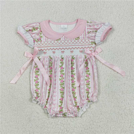 RTS SR2994 Pink Floral Bows Ruffle Smocked Embroidery Rompers for Baby Girls Infant Clothing