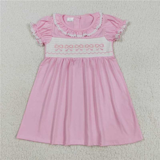 RTS GSD2718 Baby Girls Smocked Embroidery Knee Length Dresses with Ruffle Sleeves And Bows