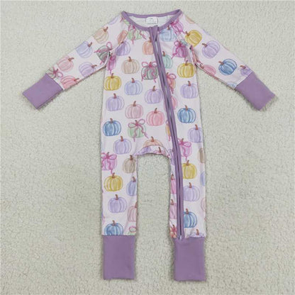 Sibling Baby Kids Colorful Bows Pumpkins Fall Pajams Sets Zipper Footie Rompers C8.18