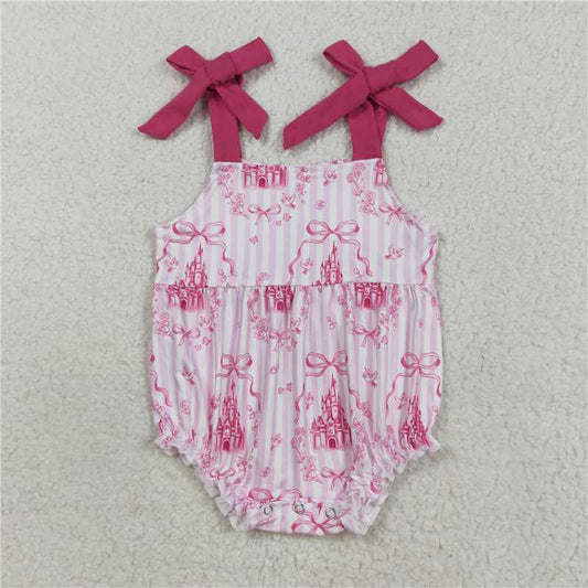 RTS SR3077 Baby Girls Pink Ruffle Rompers with Bows Strap Castle Theme Baby Clothes for Girls Pink Bows Strap Castles Ruffle Rompers
