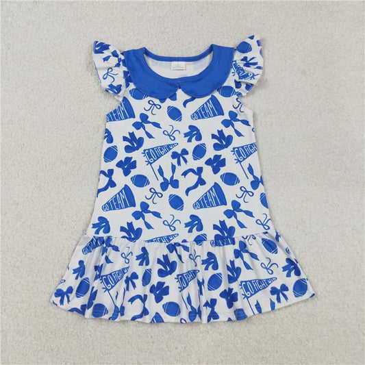 RTS GSD2782 Baby Girls Knee-Length Dress with Blue Cheer Bows And Flutter Sleeves Team Color Options