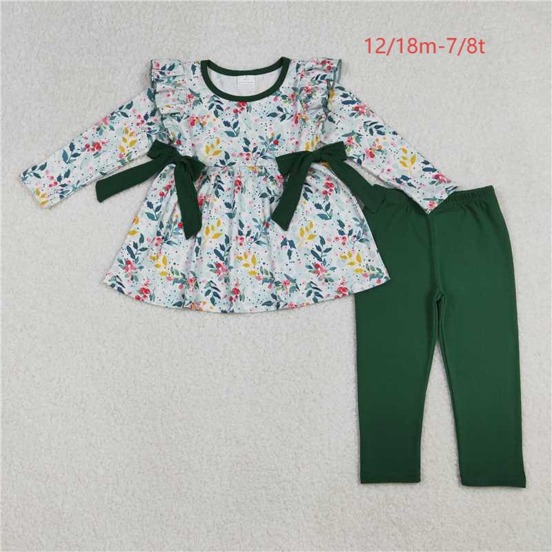 GLP2476 Baby Girls Long Sleeves Floral Bows Tunic Dark Green Legging Pant Set C10.8