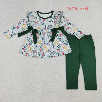 GLP2476 Baby Girls Long Sleeves Floral Bows Tunic Dark Green Legging Pant Set C10.8