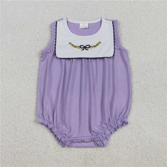 RTS SR3235 Embroidery Bows Baby Girls Sleeveless Mardigrass Ruffle Rompers Cute Summer Outfit for Infants