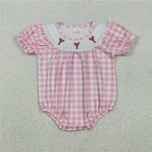 RTS SR3256 Baby Girls Embroidered Anchors Crayfishes Rompers Mardi Gras Checked Ruffle Outfit for Infants