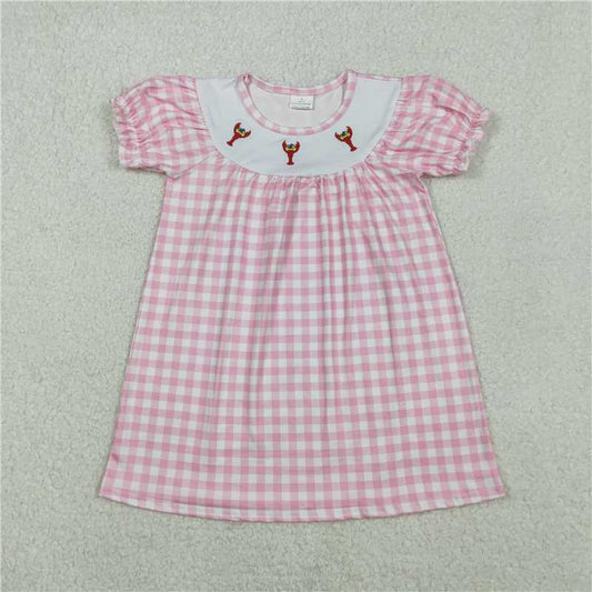 RTS GSD2853 Pink Checked Knee-Length Dress for Baby Girls Embroidered Crayfish Design Cute And Fashionable Girls' Dress