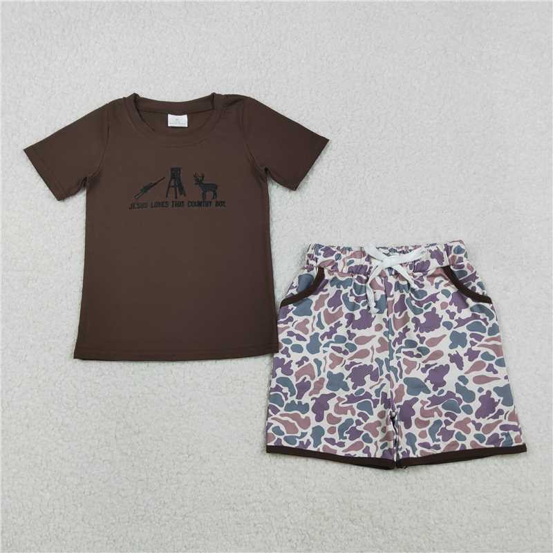 RTS BSSO1562 Baby Boys Summer Clothes Embroidery Love This Country Boy Deer Camo Pockets Shorts Hunting Clothes Sets