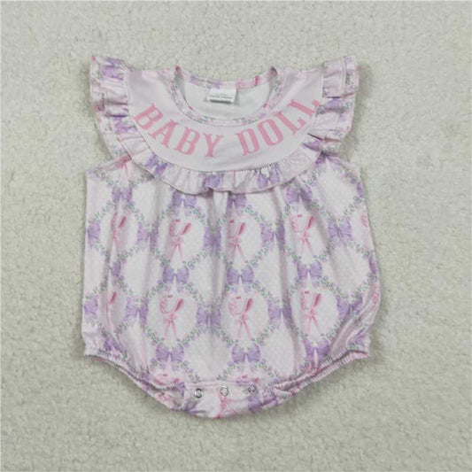 RTS SR3292 Baby Girls Pink Ruffle Rompers with Flutter Sleeves And Bow Flowers
