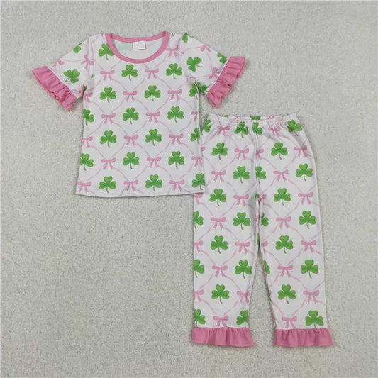 RTS GSPO1838 Baby Girls St. Patrick's Day Pajamas Set with Bow Ties And Ruffle Pants Checked Top And Bottoms for Infants
