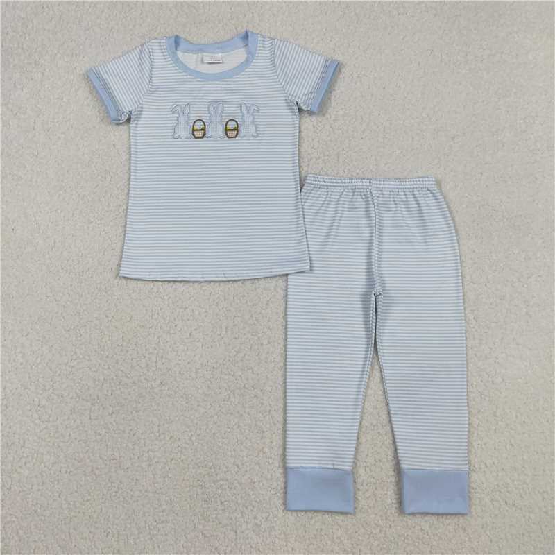 RTS BSPO0610 Kids Summer Top With Long Pants Embroidery Rabbits Eggs Baby Boys Blue Stripe Top Pants Easter Pajamas Sets