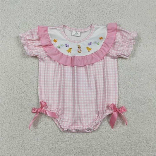 RTS SR3565 Baby Girls Pink Checked Rompers with Ruffle Easter Outfit Featuring Rabbits And Chicks Design for Infants