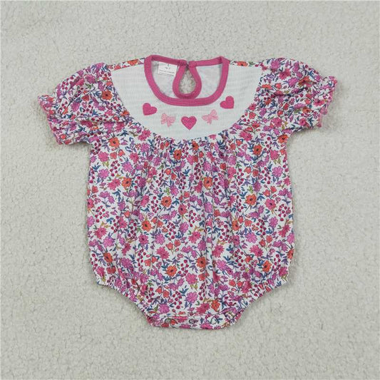 RTS SR3465 Valentine's Day Ruffle Rompers for Baby Girls Smocked Hearts Bows Floral Print Cute Baby Outfit for Infants