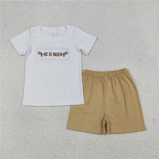 RTS BSSO1674 Baby Boys Summer Clothes Embroidery Crosses He is Risen Baby Boys Top Shorts Easter Clothes Sets