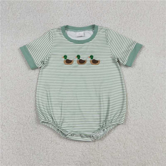 RTS SR3531 Baby Boys Romper Embroidery Ducks Baby Boys Green Stripe Short Sleeve Hunting Rompers