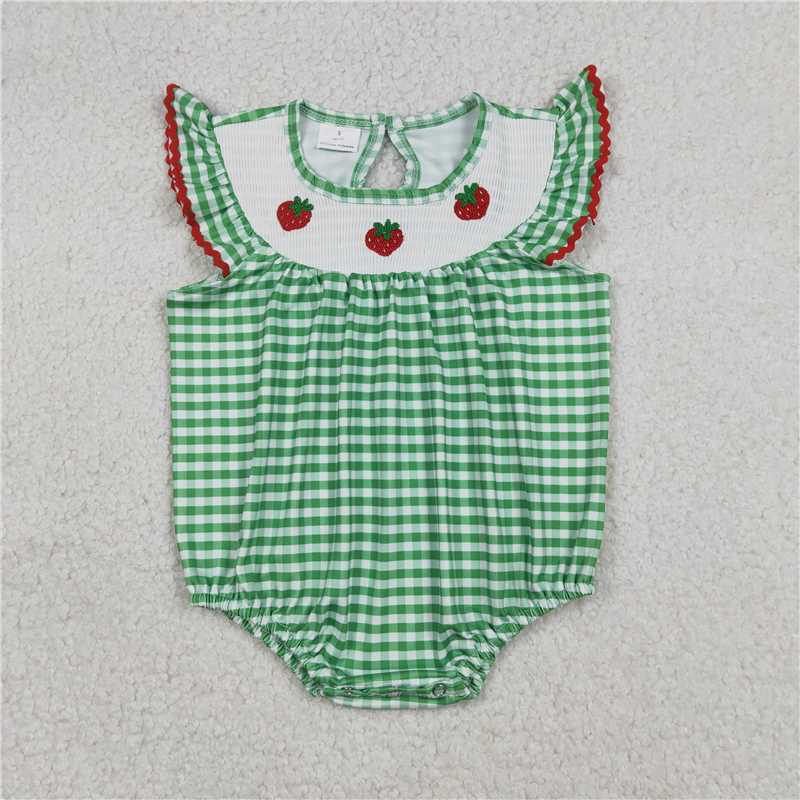 RTS SR3550 Baby Embroidery Smocked Strawberry Print Ruffle Rompers for Girls Green Checked Cute Infant Clothing Summer Outfit