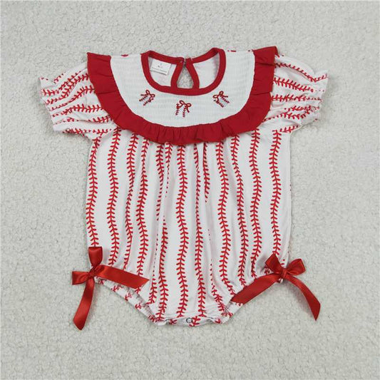RTS SR3345 Red Stripe Team Smocked Baseballs Bows Ruffle Rompers for Baby Girls Cute Stripe Smocked Rompers for Little Ones