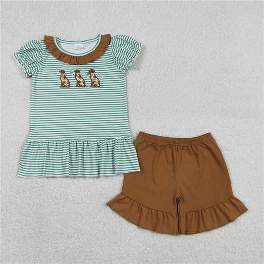 RTS GSSO2793 Baby Girls Hunting Clothes Sets Embroidery Ducks Dogs Stripe Collar Tunic Ruffle Shorts Outfit for Little Girls