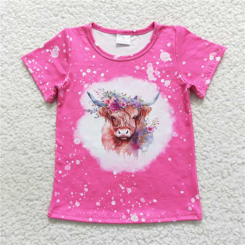 GT0212 Baby Girls Highland Cow Flowers Short Sleeve Shirts Tops