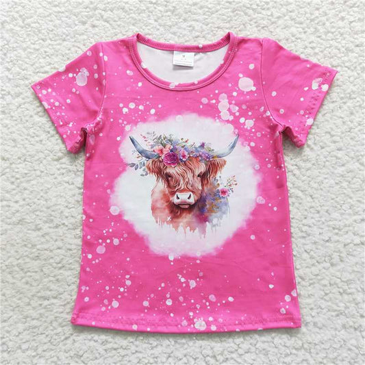 GT0212 Baby Girls Highland Cow Flowers Short Sleeve Shirts Tops