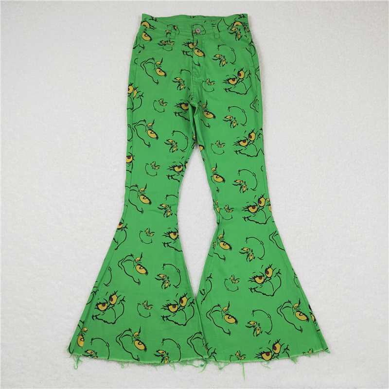 Family Sibling Christmas Green Frog Face Denim Bell Pants