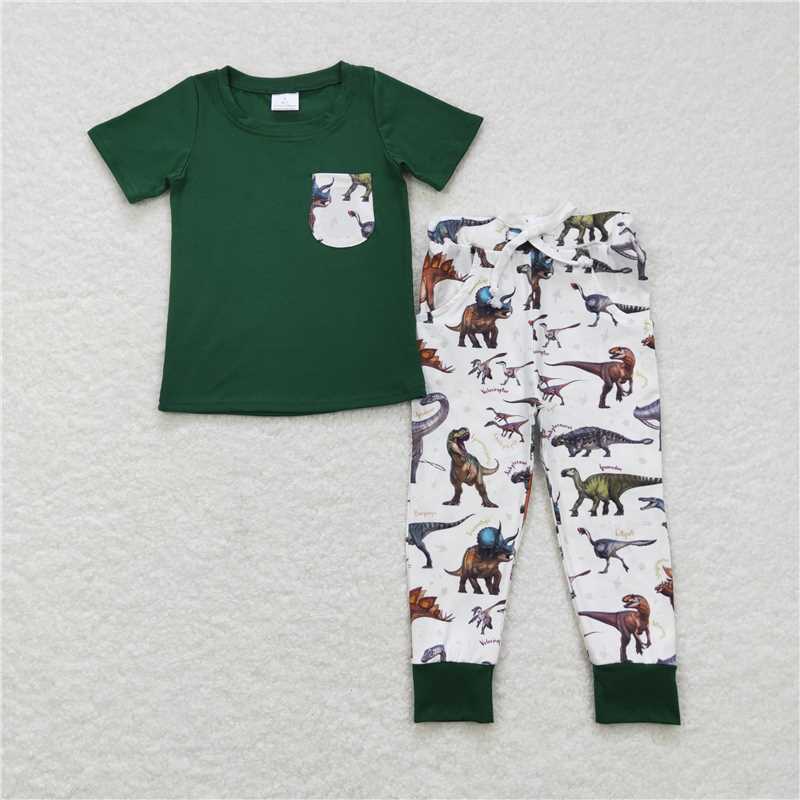 Sibling Brother Baby Boys Dinosaurs Pocket Tee Tops Pants Clothes Sets