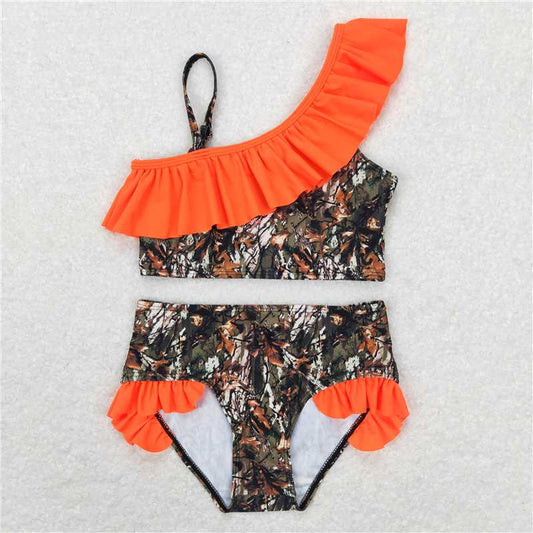 RTS S0197 Baby Girls Summer Camouflage Orange Ruffle Two-Piece Swimsuit Set