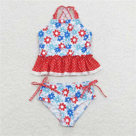 RTS S0253 Baby Girls Two-Piece Swimsuit Red Blue Flowers Top Bummie Set Infant Swimwear