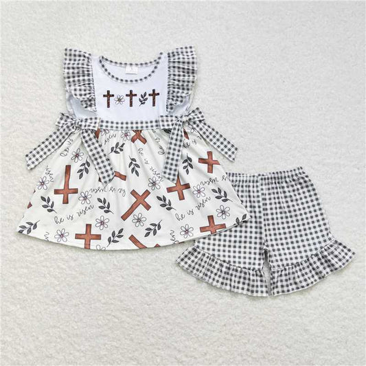 GSSO0492 Embroidered cross floral plaid bow beige short-sleeved shorts suit