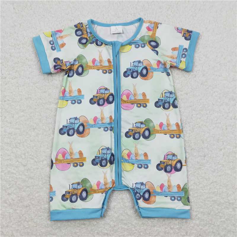 RTS SR0883 Baby Boys Romper Baby Children Infant Easter Rabbit Tractor Zip Short Sleeve Rompers