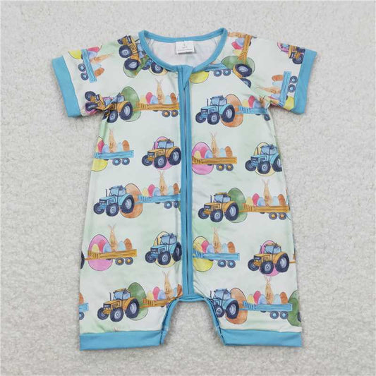 RTS SR0883 Baby Boys Romper Baby Children Infant Easter Rabbit Tractor Zip Short Sleeve Rompers
