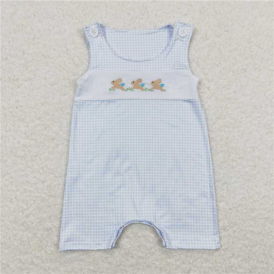 RTS SR0621 Baby Boys Romper Baby Infant Boys Easter Blue Checkered Rabbits Sleeveless Rompers