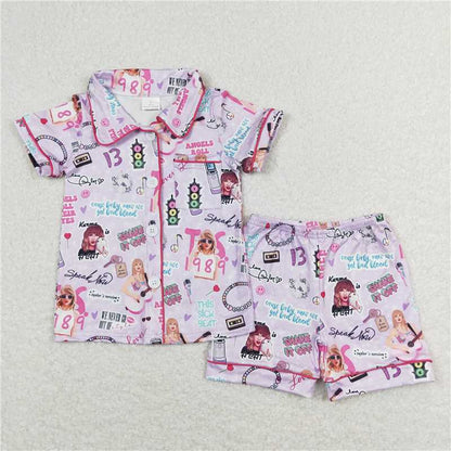 Mommy and Me Baby Girls Purple Singer 1989 Buttons Top Shorts Pajamas Clothes Sets