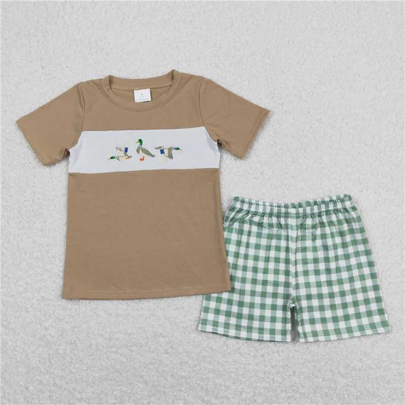 Baby Girls Boys Sibling Ducks Tunic Green Checkered Shorts Rompers Outfits Clothes Sets