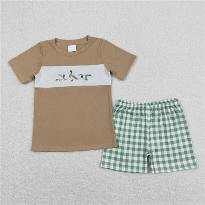 Baby Girls Boys Sibling Ducks Tunic Green Checkered Shorts Rompers Outfits Clothes Sets