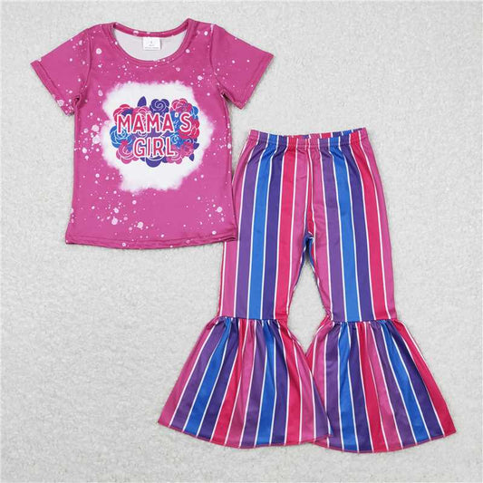 RTS GSPO1373 Baby Girls 'Mama's Girl' Outfit Set with Floral Shirt Top And Striped Bell Pants - Toddler Girl's Clothing Ensemble