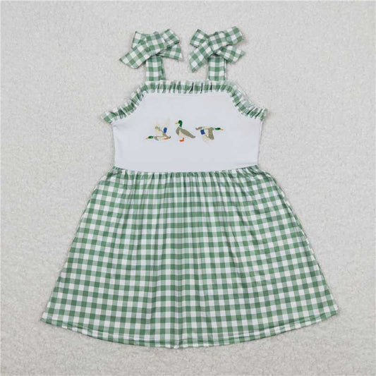 RTS GSD0839 Baby Girls Knee-Length Checkered Dress with Straps in Green Duck Fabric