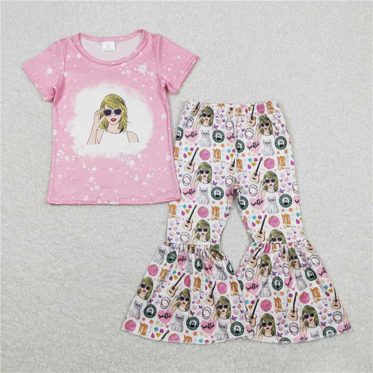 RTS GSPO1441 Baby Girls Pink Pop Singer Themed Outfit Set with Shirt Top And Bell Bottom Pants Cute Baby Clothing Set