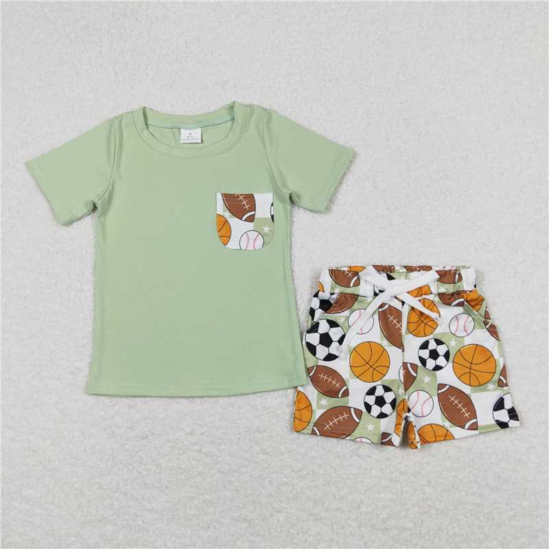 RTS BSSO0694 Baby Boys Summer Clothes Baby Boys Green Pocket Short Sleeve Shirt Sports Balls Shorts Clothes Sets