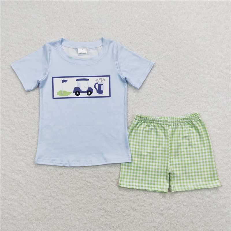 RTS BSSO0697 Baby Boys Summer Clothes Baby Boys Golf Hole In One Shirt Checkered Shorts Clothes Sets