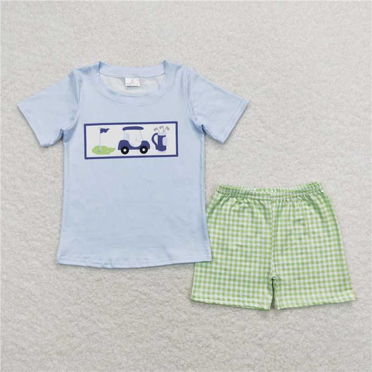 RTS BSSO0697 Baby Boys Summer Clothes Baby Boys Golf Hole In One Shirt Checkered Shorts Clothes Sets