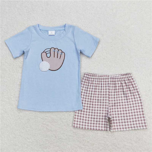 RTS BSSO0723 Baby Boys Summer Clothes Baby Boys Blue Baseball Short Sleeve Top Checkered Shorts Clothes Sets