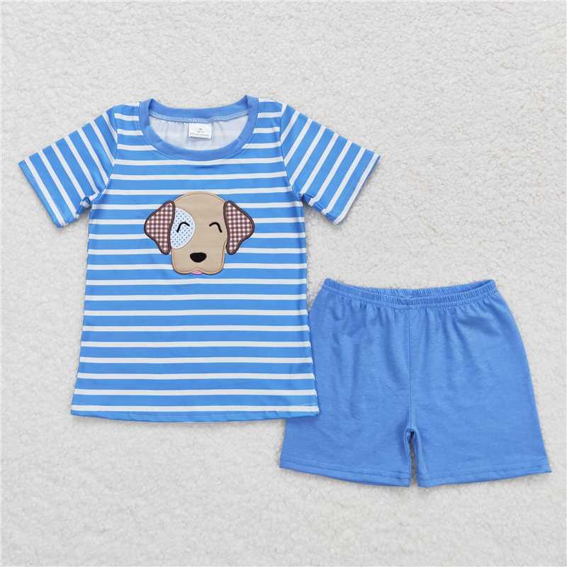 RTS BSSO0746 Baby Boys Summer Clothes Baby Boys Blue Stripes Dog Tee Shirts Tops Shorts Clothes Sets