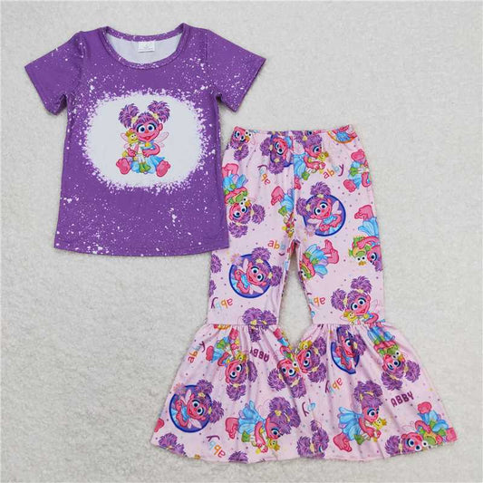 RTS GSPO1359 Baby Girls Purple Short Sleeve Shirt And Bell Pants Outfit Set Cute Baby Clothing Combo