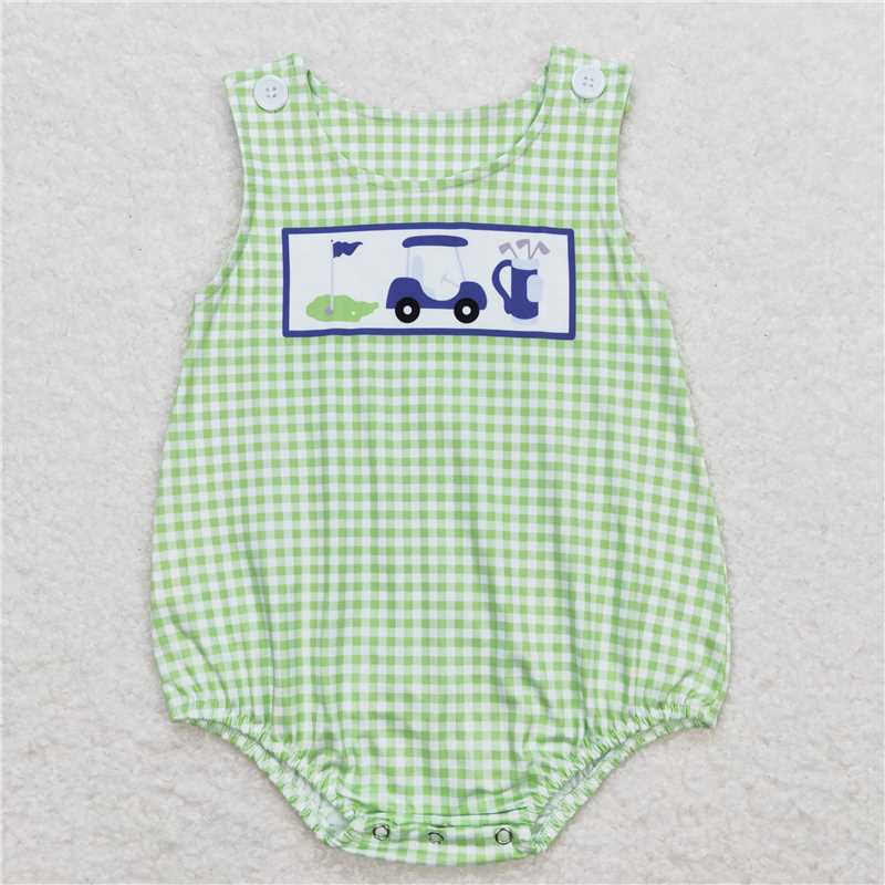 RTS SR1227 Baby Boys Romper Baby Infant Boys Golf Hole In One Green Checkered Sleeveless Rompers