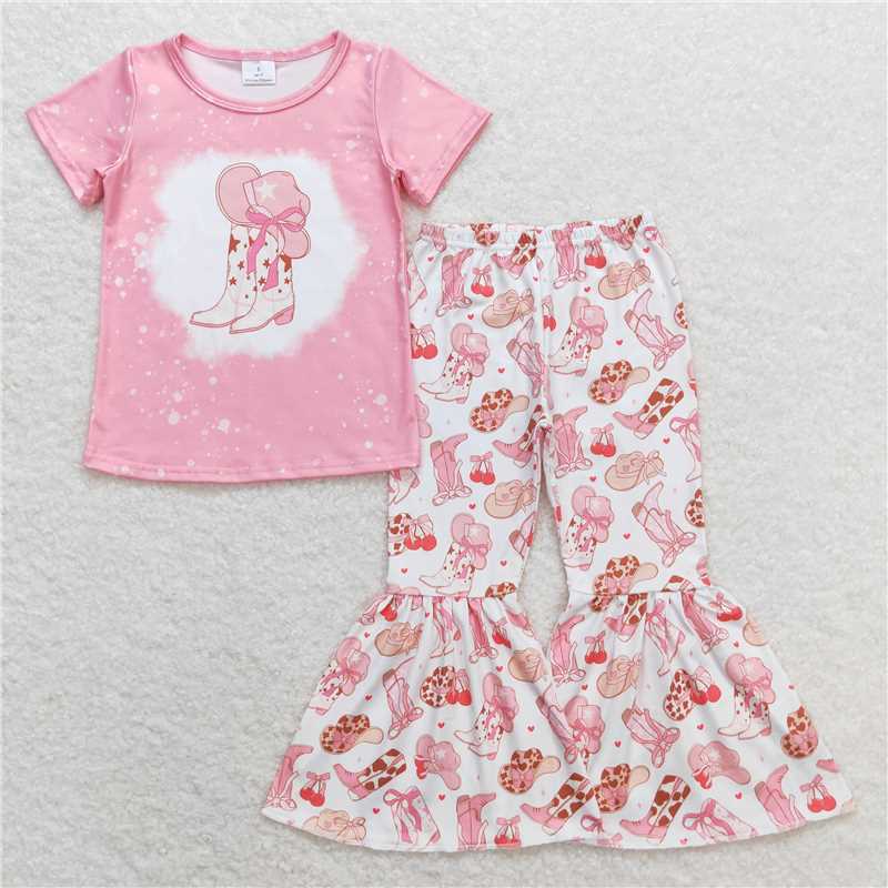 Baby Girls Sibling Horse Boots Tee Top Bell Pants Western Outfits Sets