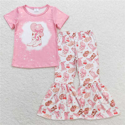 Baby Girls Sibling Horse Boots Tee Top Bell Pants Western Outfits Sets