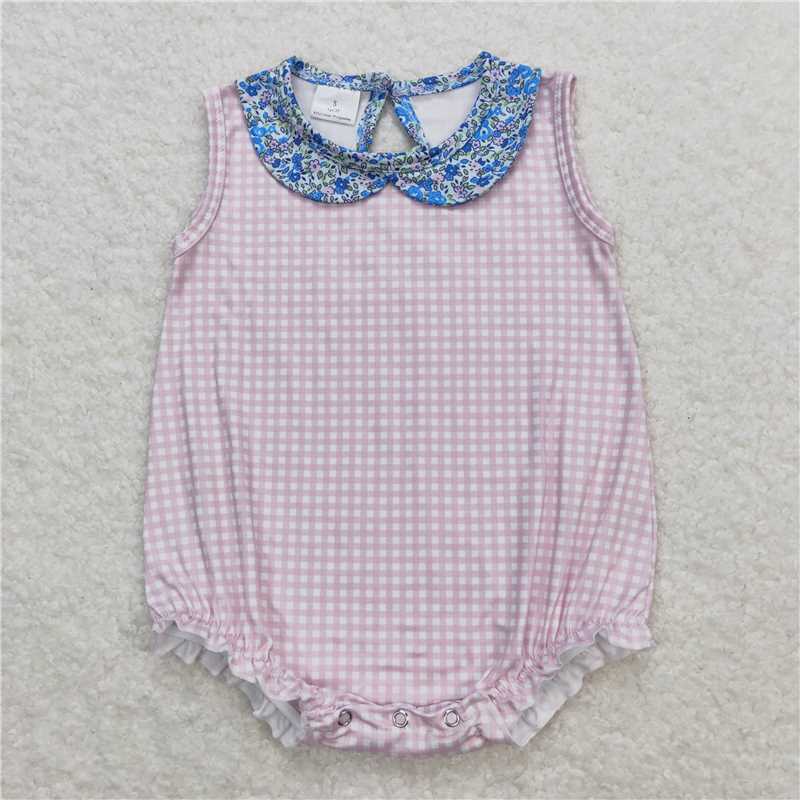 Baby Girls Pink Checkered Collar Sibling Sister Rompers Clothes Sets